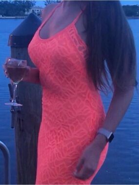 Bebe Vibrant Orange Floral Lace Bodycon Maxi Dress